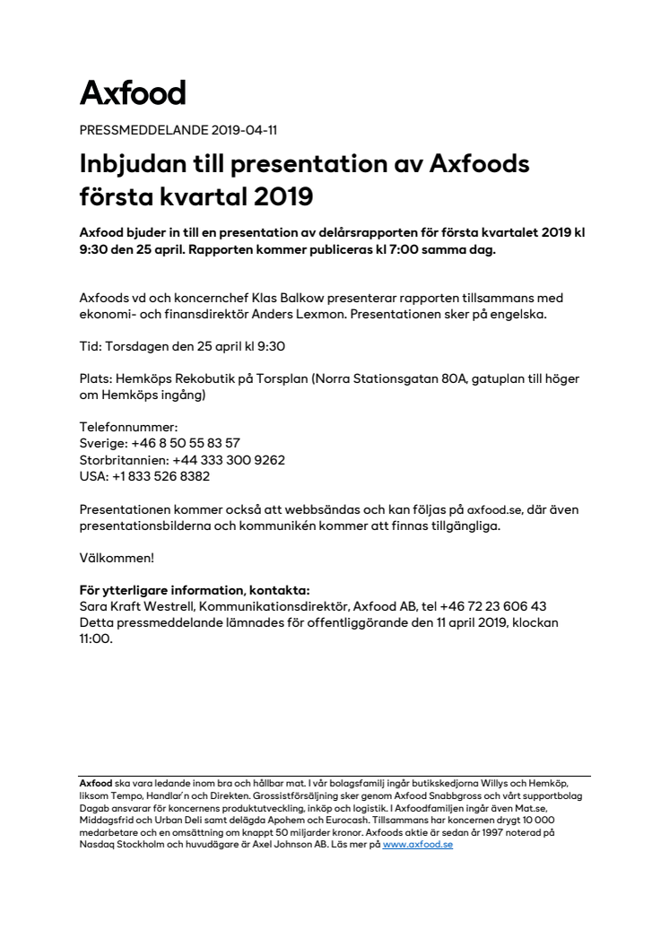 Inbjudan till presentation av Axfoods första kvartal 2019