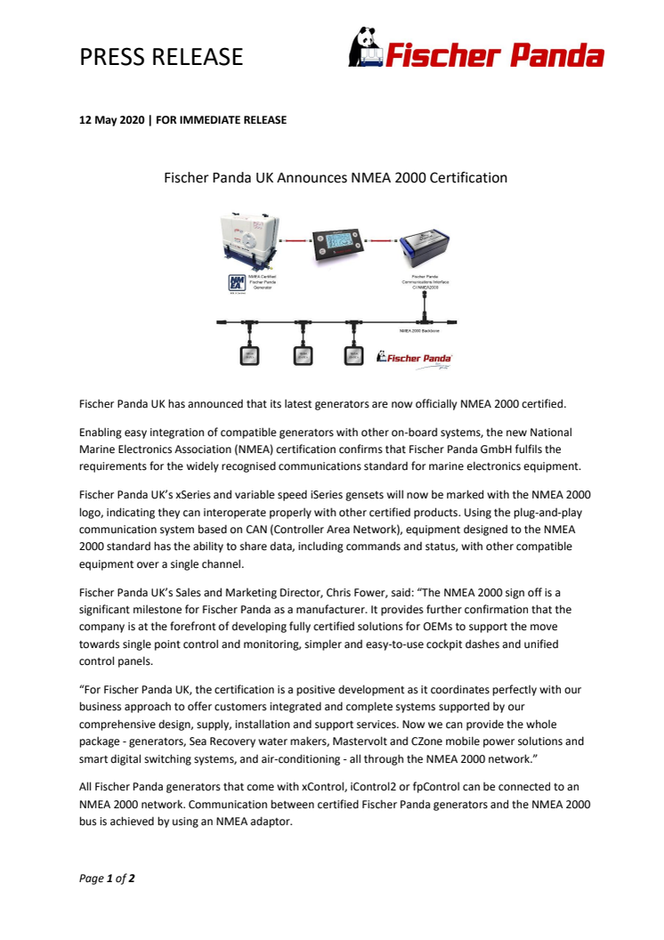 Fischer Panda UK Announces NMEA 2000 Certification