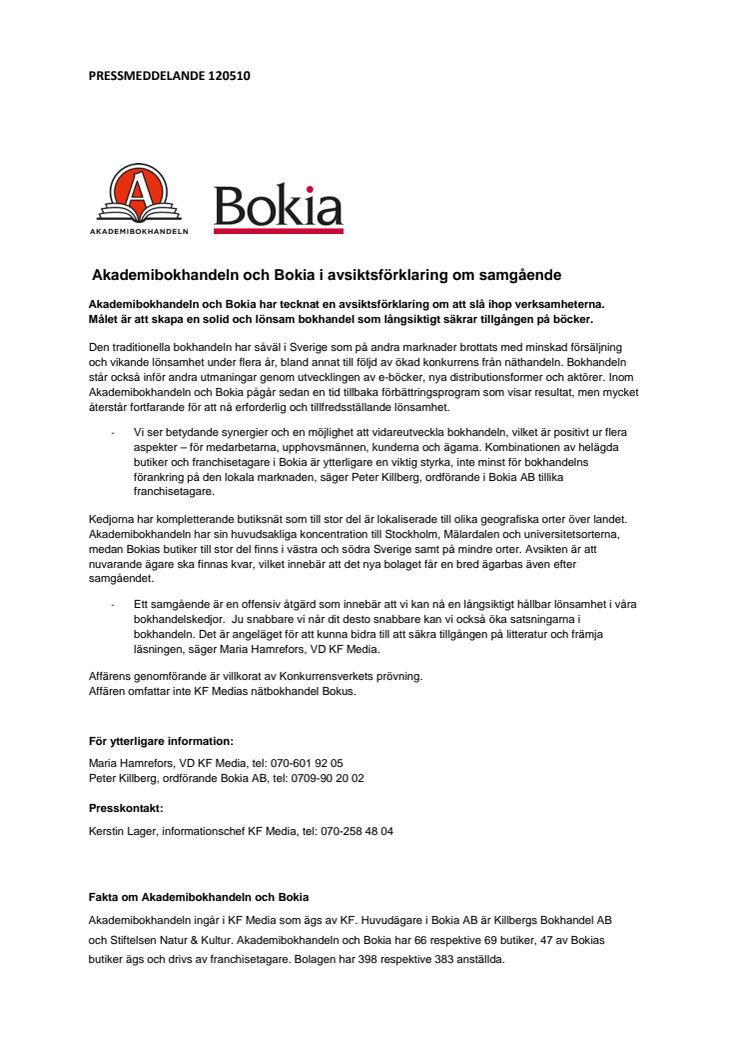 Akademibokhandeln och Bokia i avsiktsförklaring om samgående