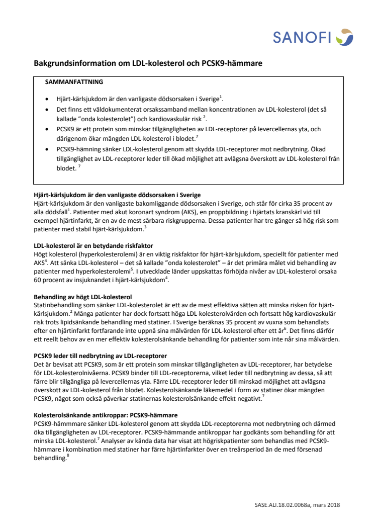 Bakgrundsinformation om LDL-kolesterol och PCSK9-hämmare