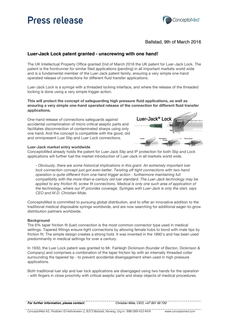 Luer-Jack Lock patent granted - unscrewing with one hand!