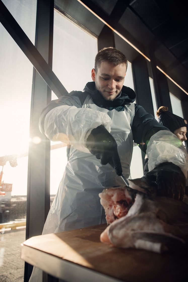 Sam Dixon YNCOTY winner tests his filleting skills on a skrei_photo credit- Norwegian Seafood Council_Kristoffer Lorentzen