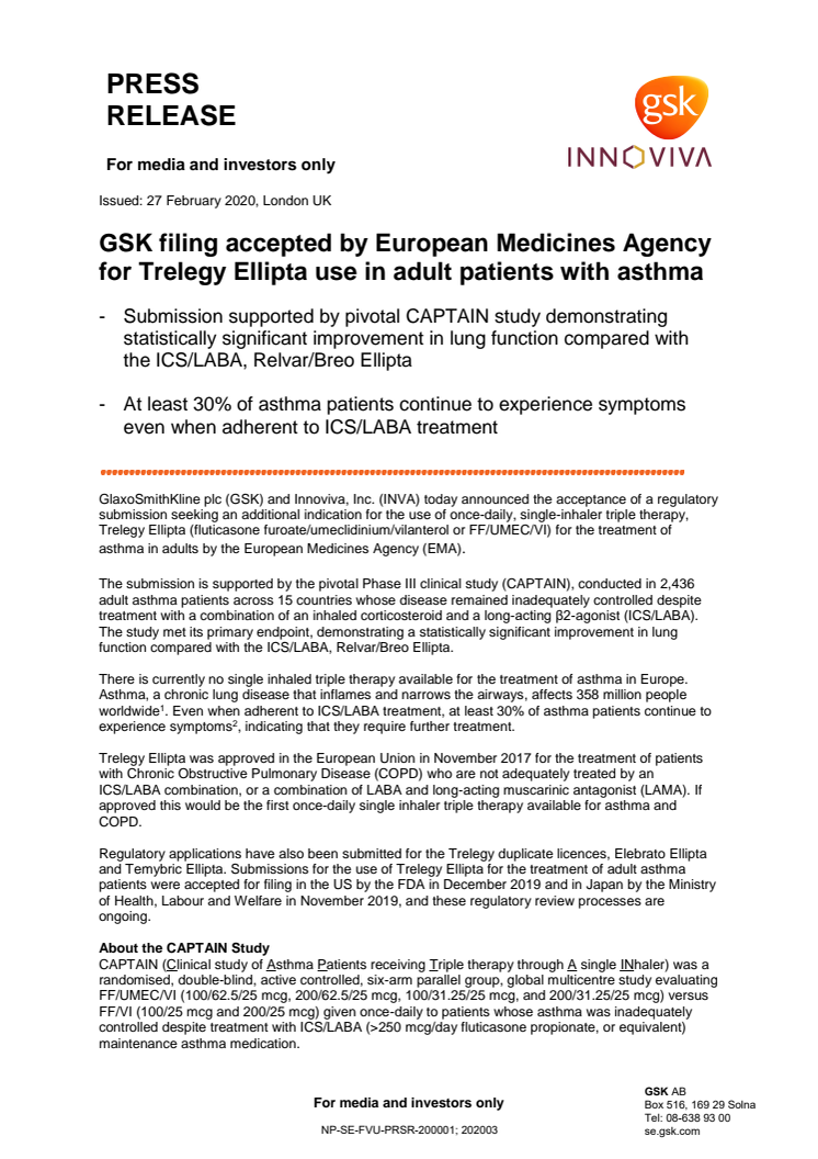 GSK filing accepted by European Medicines Agency for Trelegy Ellipta use in adult patients with asthma