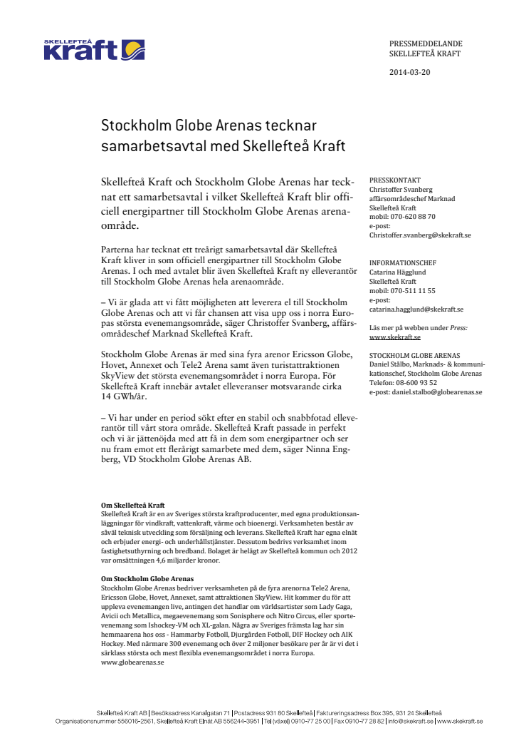 Stockholm Globe Arenas tecknar samarbetsavtal med Skellefteå Kraft