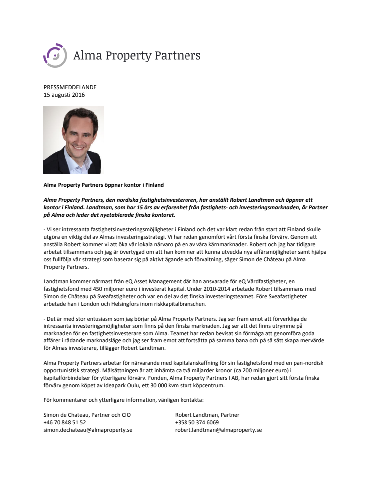 Alma Property Partners öppnar kontor i Finland