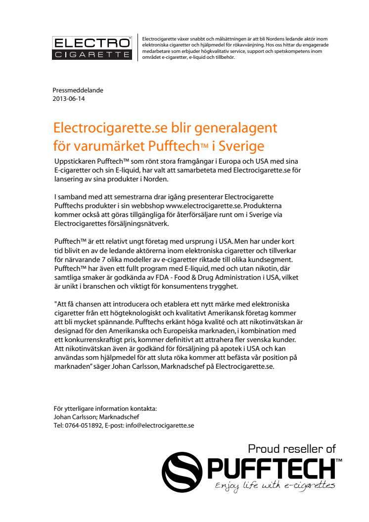 Electrocigarette.se blir generalagent för varumärket Pufftech™ i Sverige