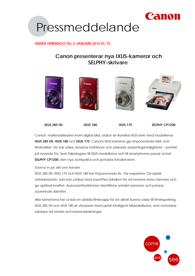 Canon presenterar nya IXUS-kameror och SELPHY-skrivare 