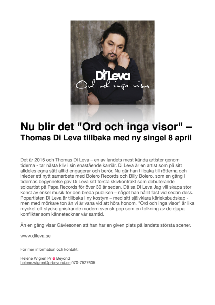 ​Nu blir det "Ord och inga visor" – Thomas Di Leva tillbaka med ny singel 8 april