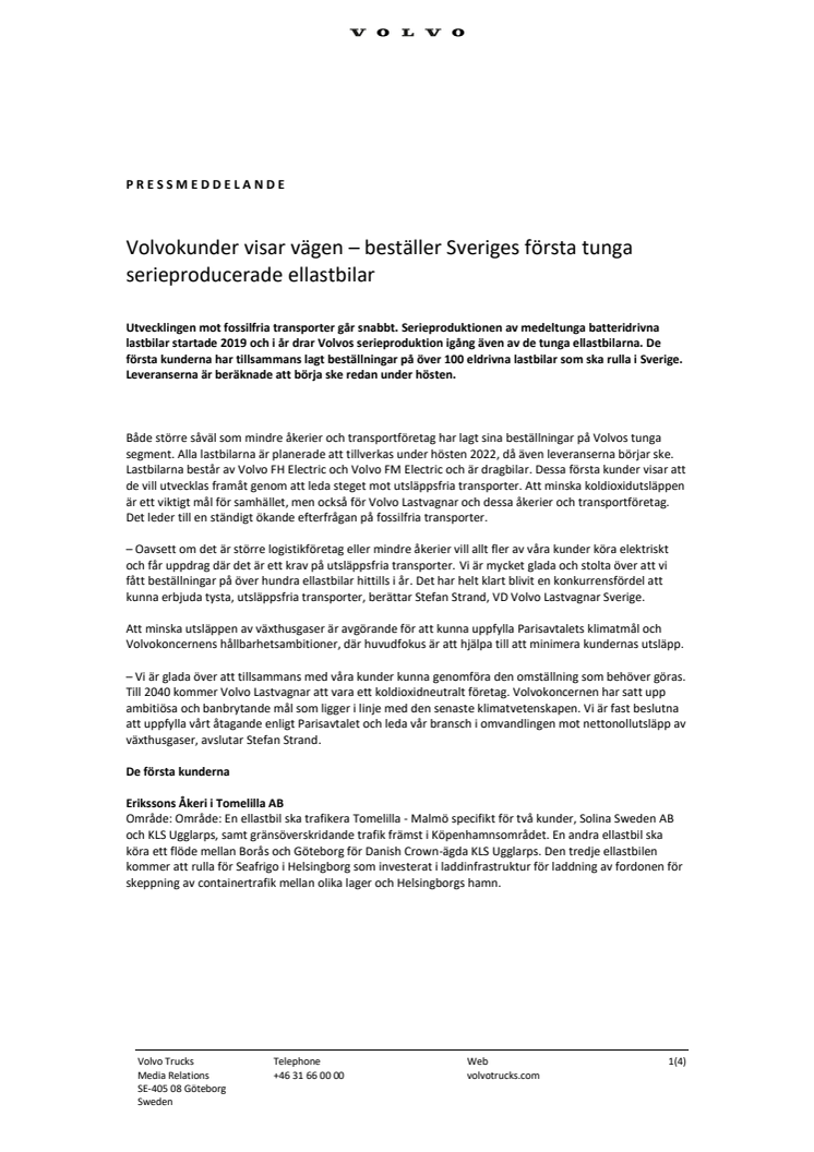 Pressrelease Volvo Lastvagnar ellastbil