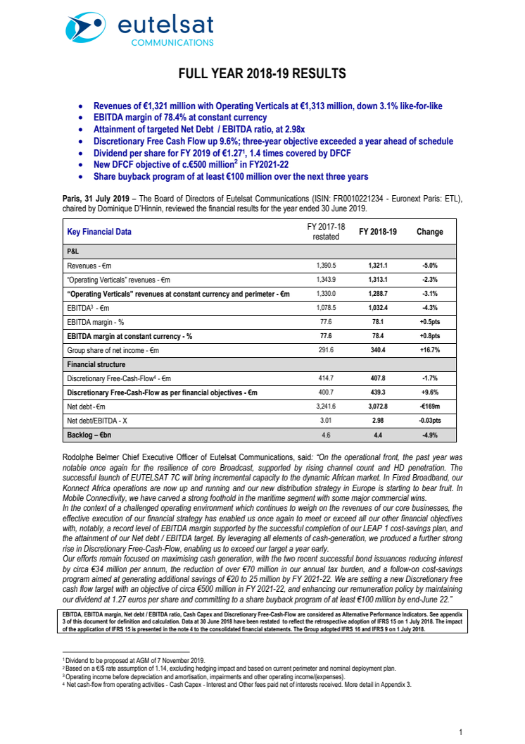 EUTELSAT COMMUNICATIONS FULL YEAR 2018-19 RESULTS
