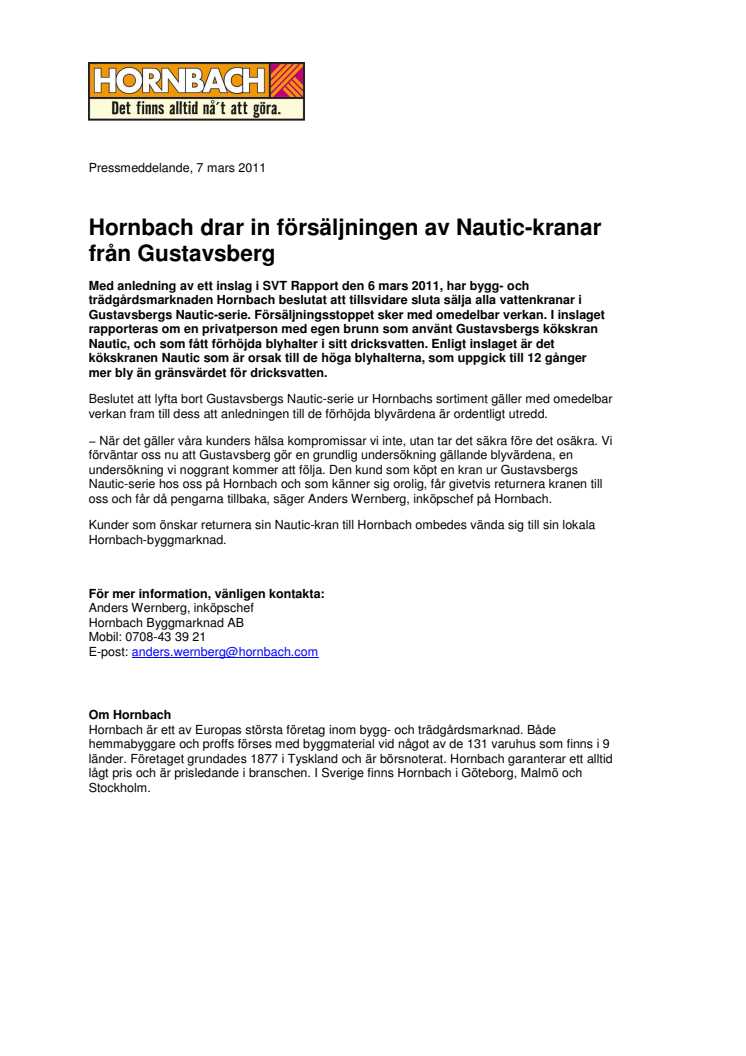 Hornbach drar in försäljningen av Nautic-kranar från Gustavsberg