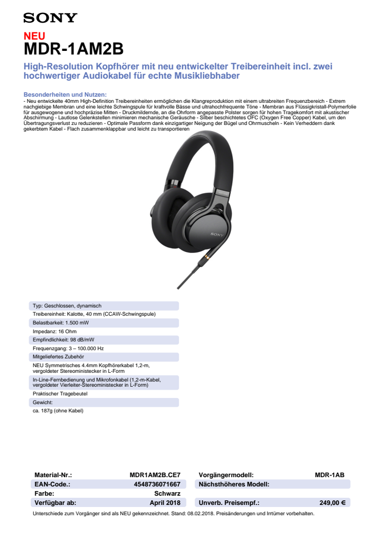 Datenblatt Kopfhörer MDR-1AM2 von Sony