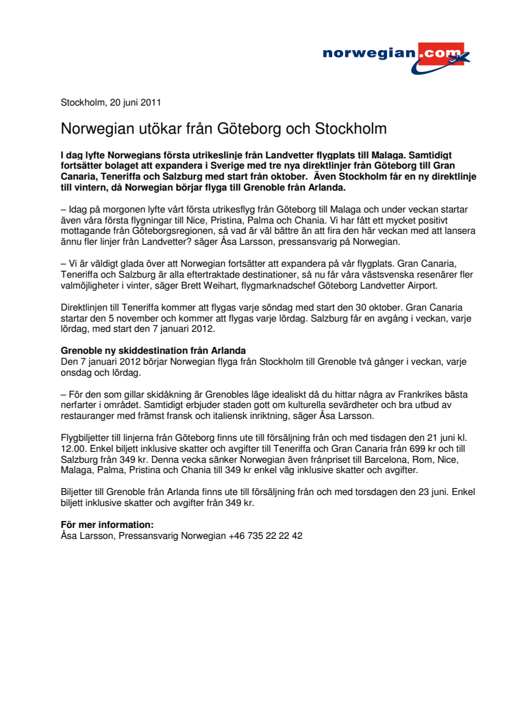 Norwegian utökar från Göteborg och Stockholm