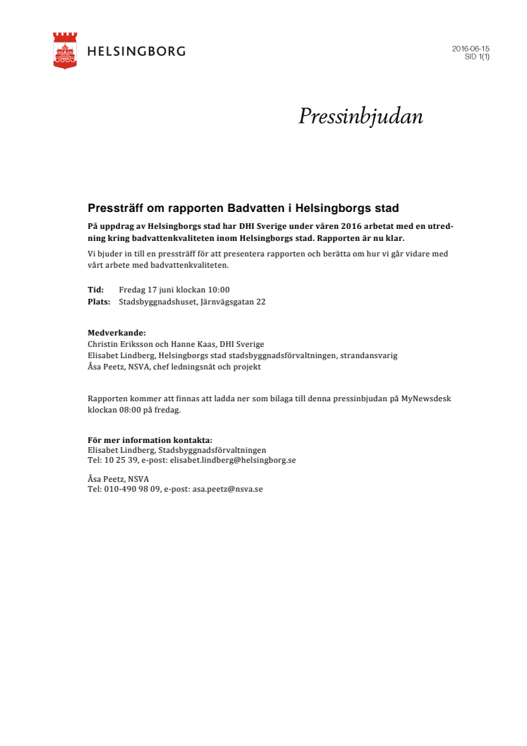 ​Pressinbjudan: Pressträff om rapporten Badvatten i Helsingborgs stad