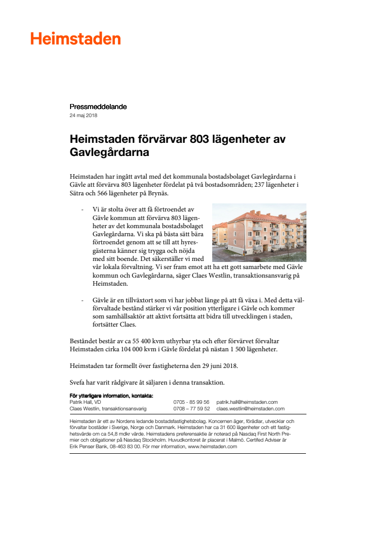 Heimstaden förvärvar 803 lägenheter av Gavlegårdarna