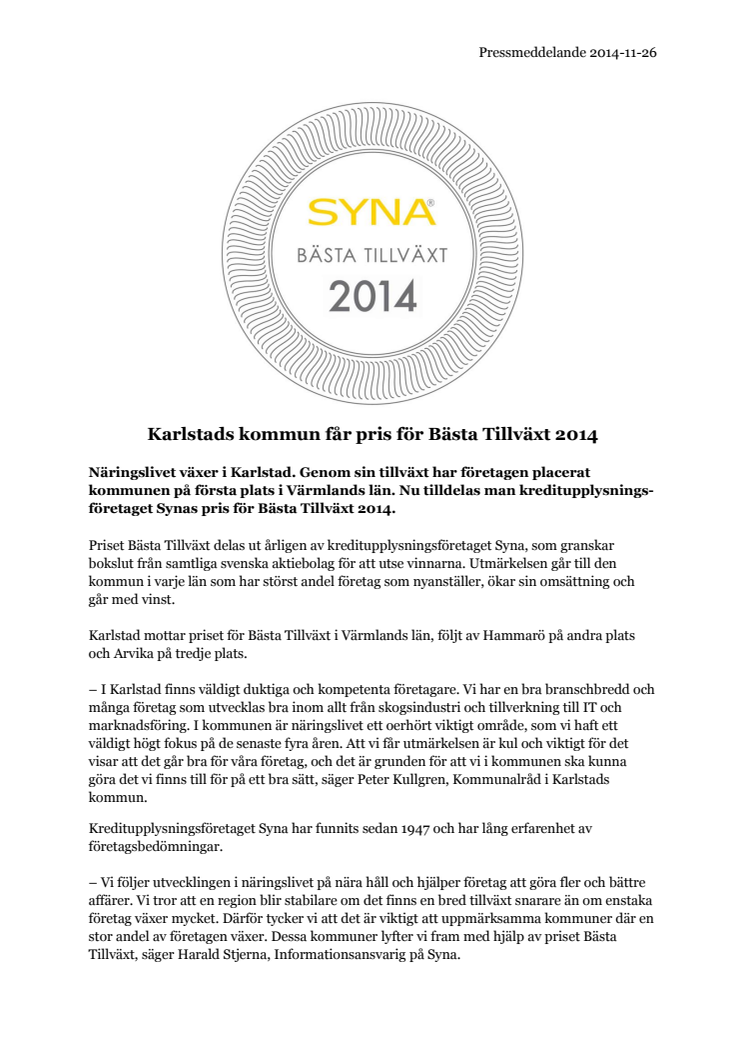 ​Karlstads kommun får pris för Bästa Tillväxt 2014