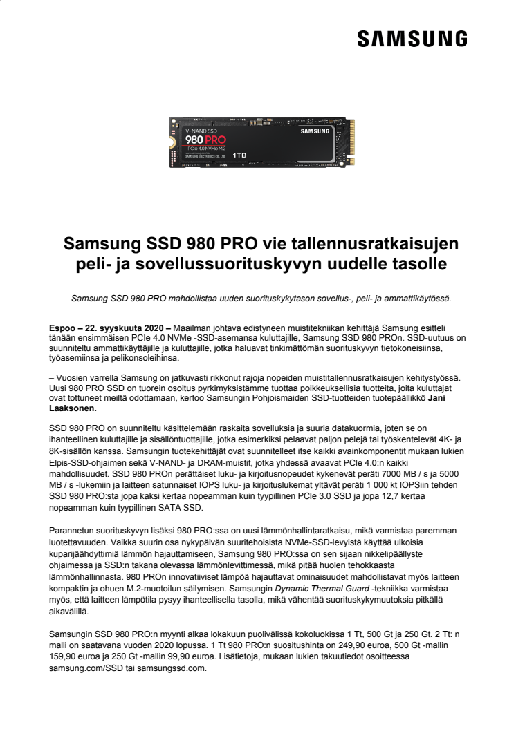 Samsung SSD 980 PRO vie tallennusratkaisujen peli- ja sovellussuorituskyvyn uudelle tasolle