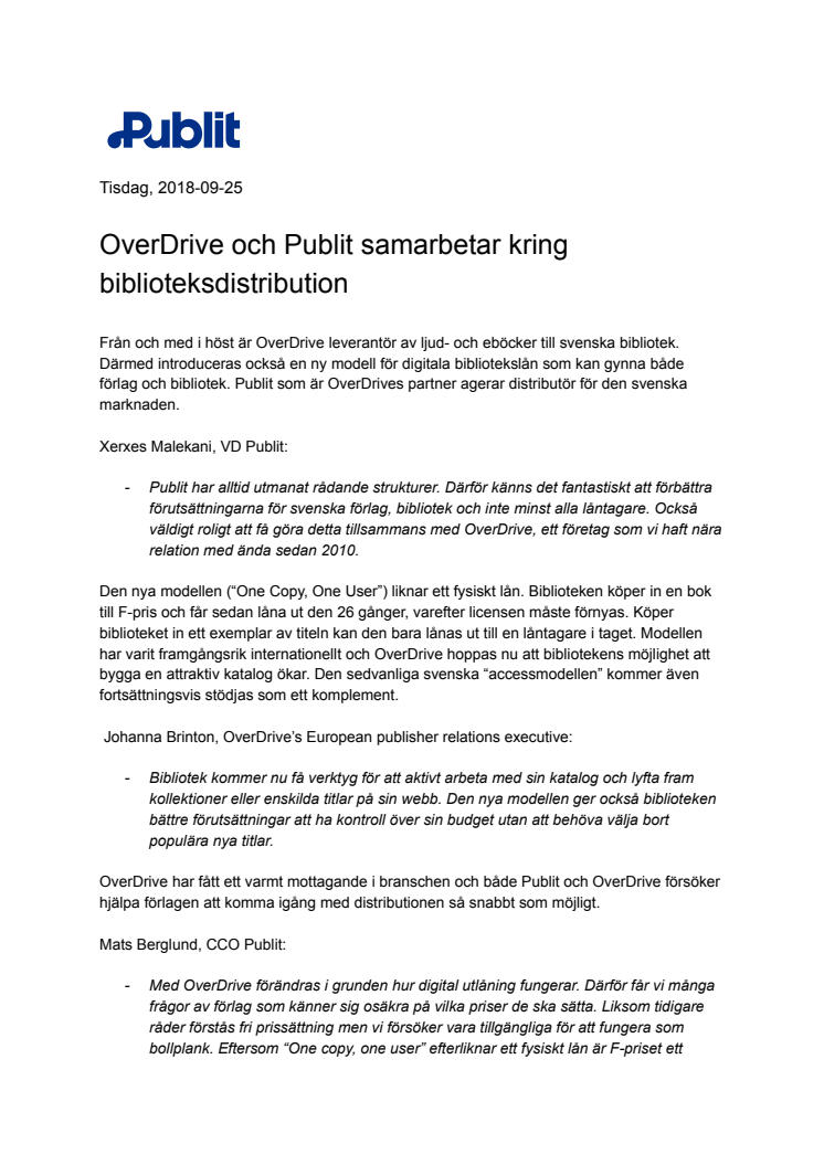 OverDrive och Publit samarbetar kring biblioteksdistribution