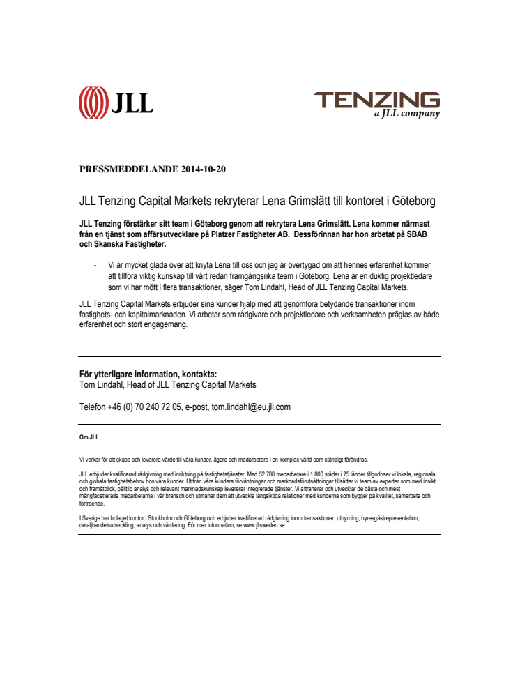 JLL Tenzing Capital Markets rekryterar Lena Grimslätt till kontoret i Göteborg