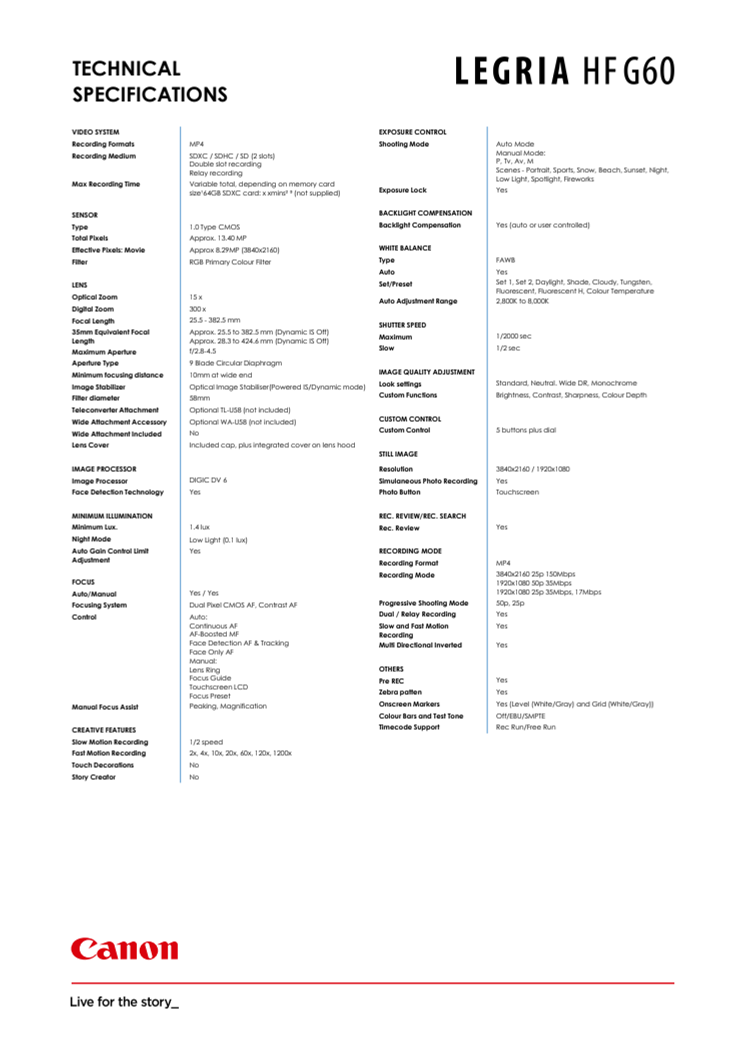 LEGRIA HF G60 Spec Sheet