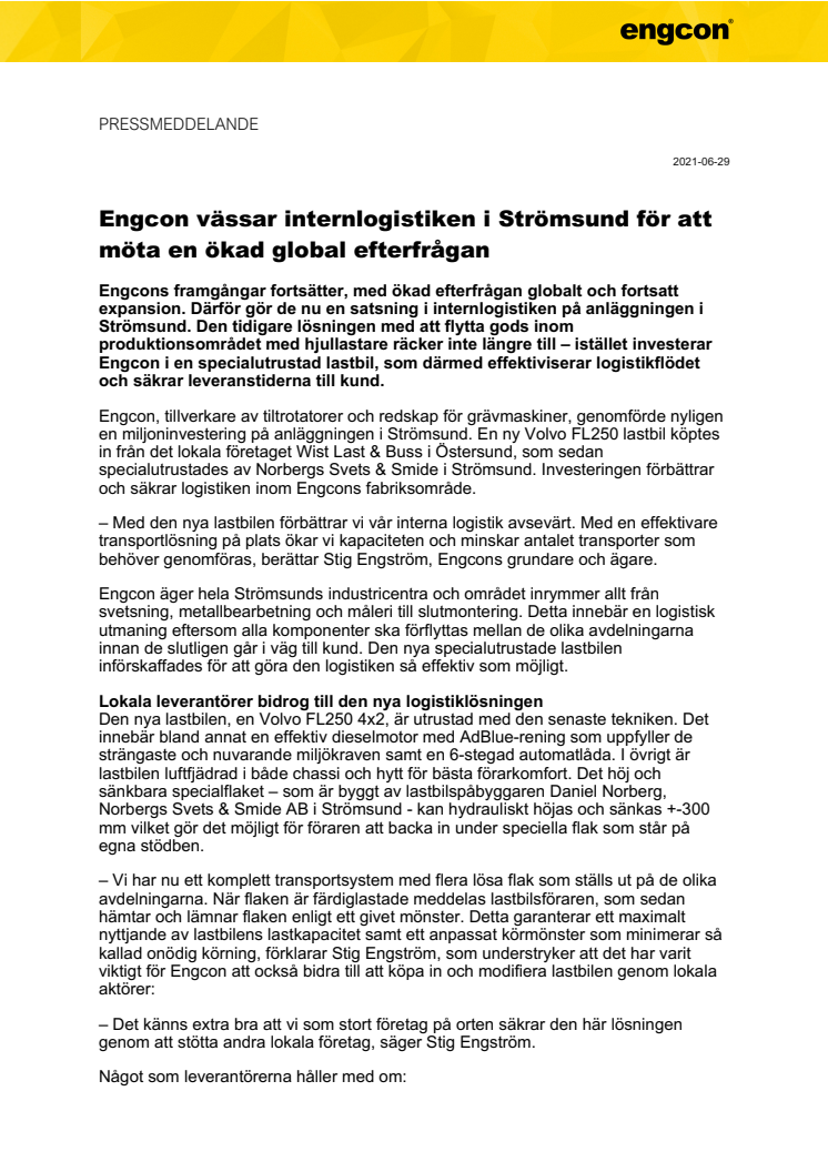 210629_Press_Engcon vässar internlogistiken i Strömsund för att möta en ökad global efterfrågan