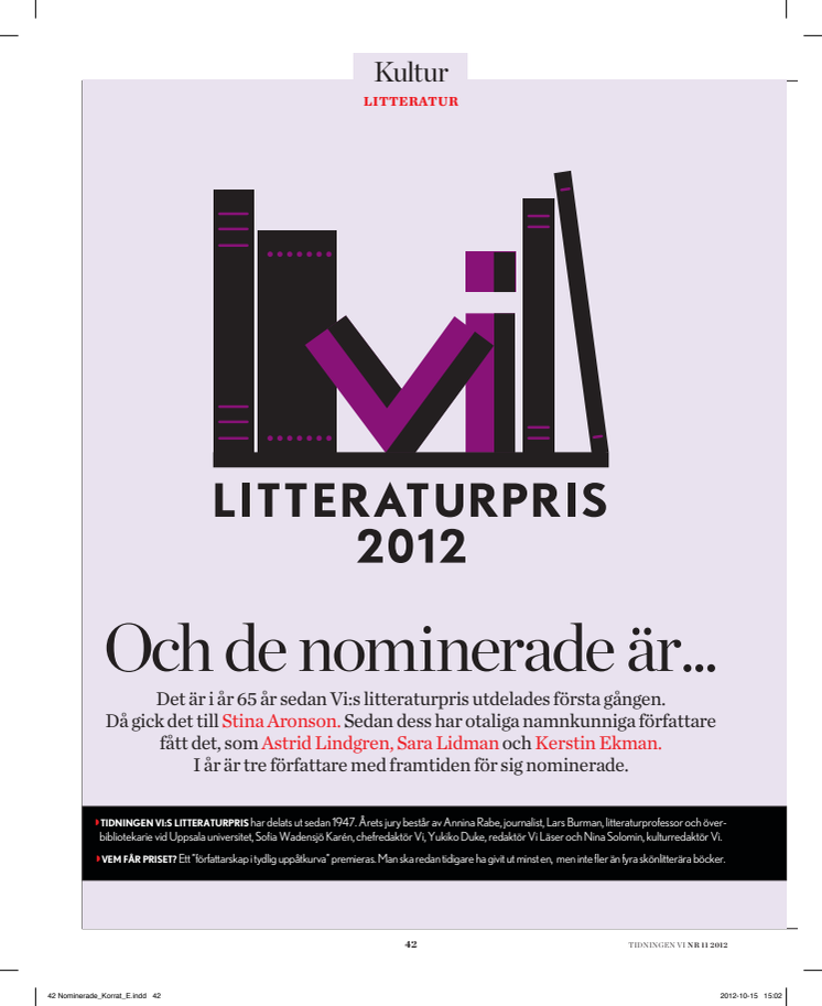 Nominerade Tidningen Vi:s litteraturpris 2012