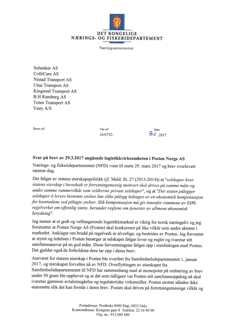 Svar på brev av 29.3.2017 angående logistikkvirksomheten i Posten Norge AS