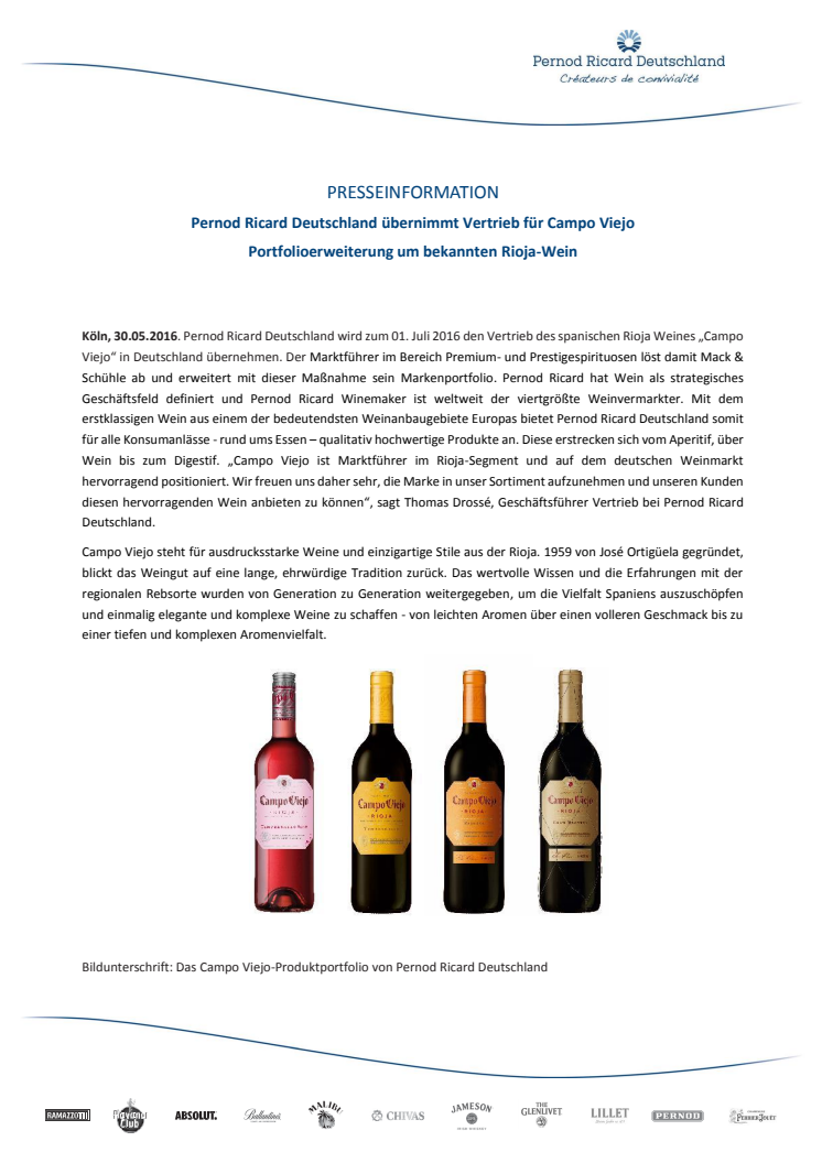 Pernod Ricard Deutschland übernimmt Vertrieb für Campo Viejo - Portfolioerweiterung um bekannten Rioja-Wein