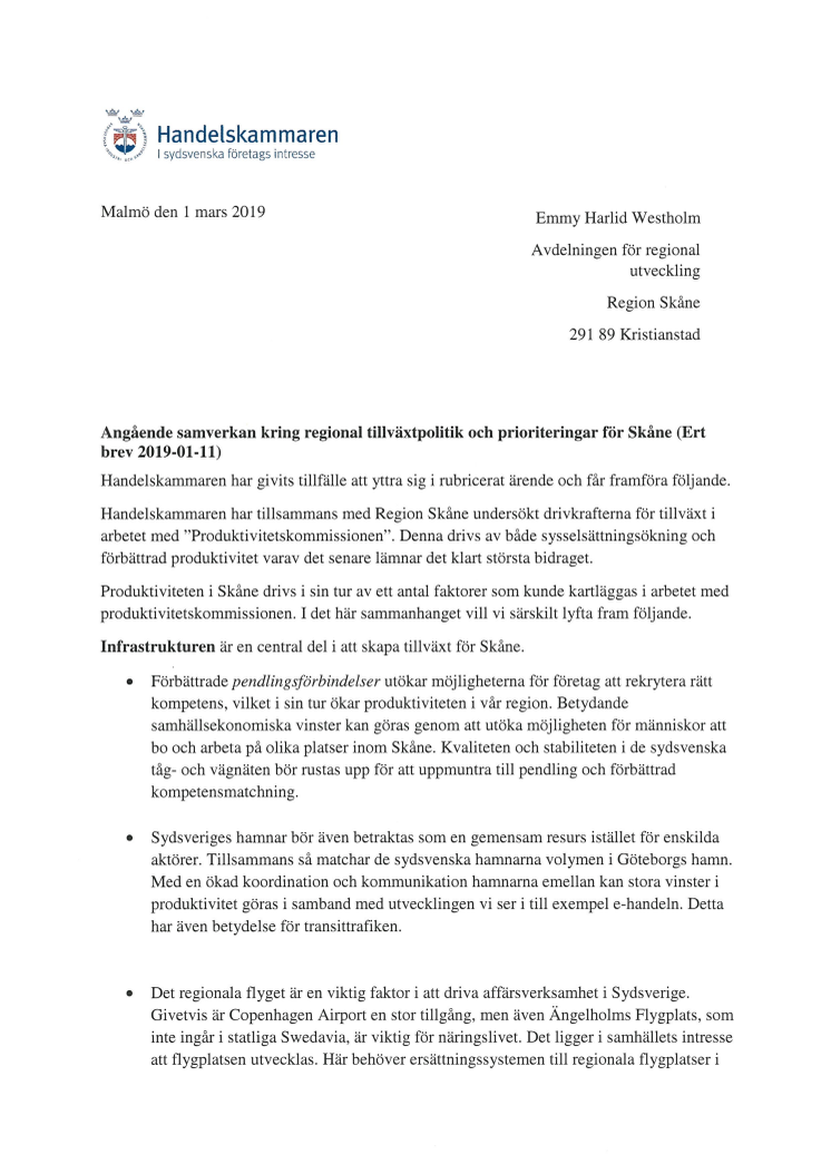 Remissvar "Angående samverkan kring regional tillväxtpolitik och prioriteringar för Skåne"