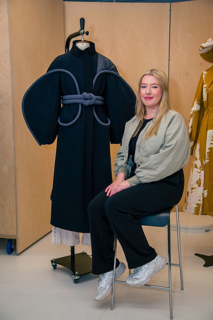 Fashion graduate Emily Gibson with her kimono-inspired outerwear