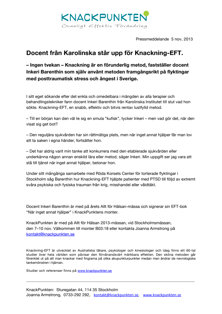 Docent från Karolinska står upp för Knackning-EFT