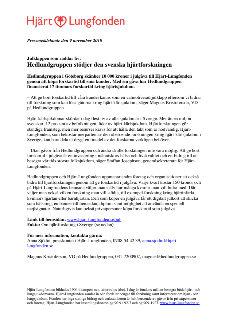 Julklappen som räddar liv: Hedlundgruppen stödjer den svenska hjärtforskningen