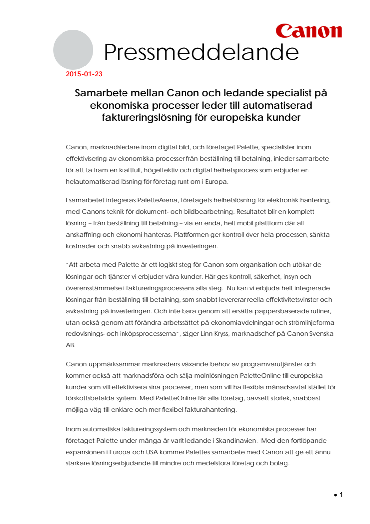 Samarbete mellan Canon och ledande specialist på ekonomiska processer leder till automatiserad faktureringslösning.