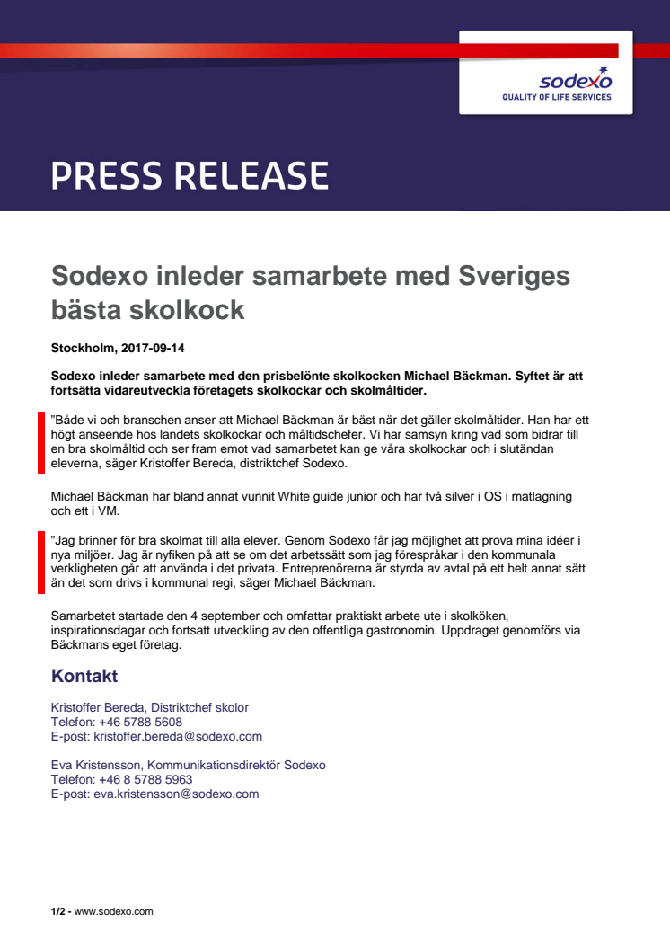 Sodexo inleder samarbete med Sveriges bästa skolkock