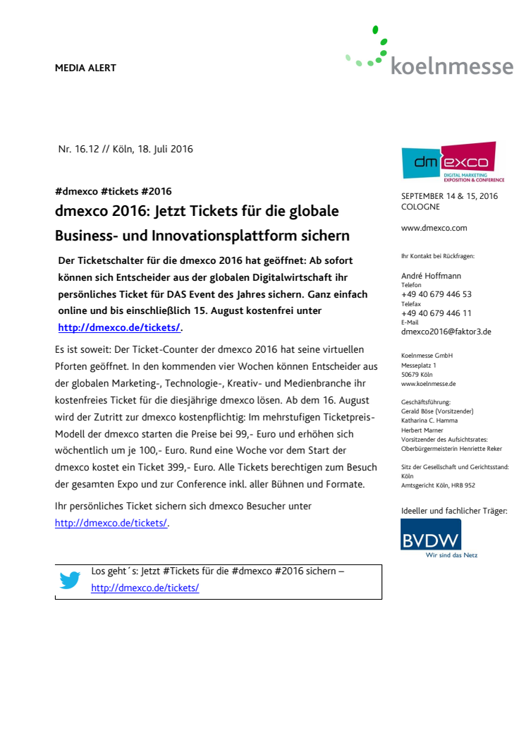 dmexco 2016: Jetzt Tickets für die globale Business- und Innovationsplattform sichern