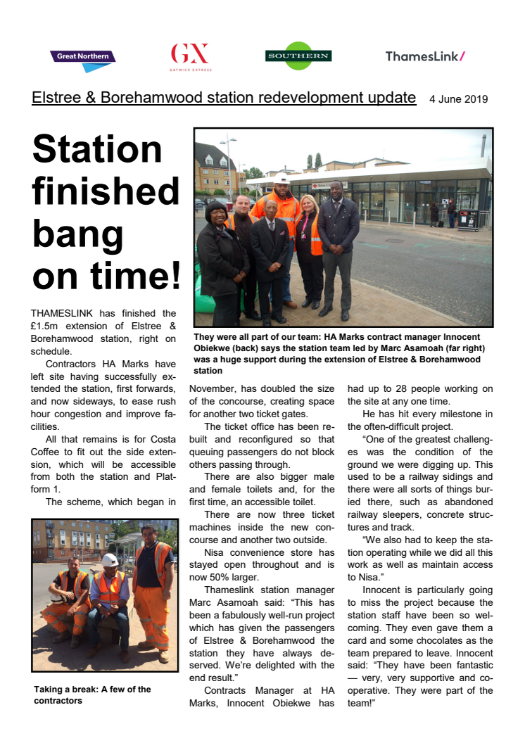 Work to extend Elstree & Borehamwood station completed on time