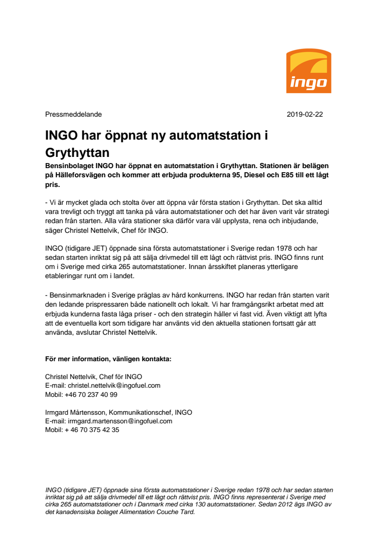 INGO har öppnat ny automatstation i Grythyttan