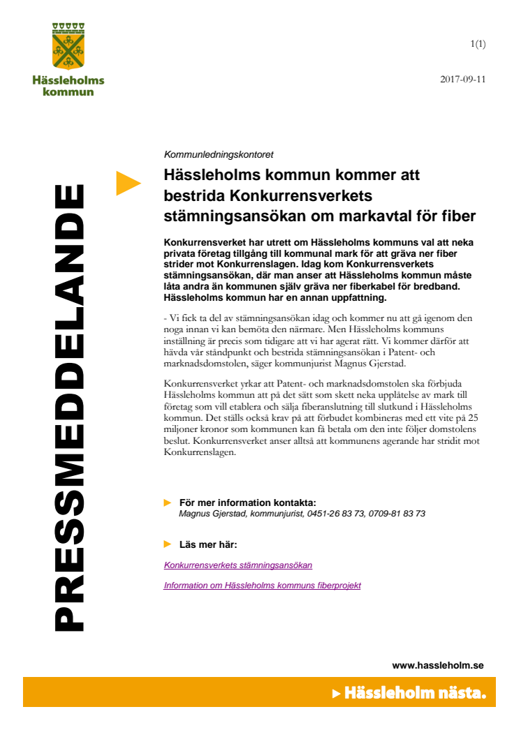 Hässleholms kommun kommer att bestrida Konkurrensverkets stämningsansökan om markavtal för fiber