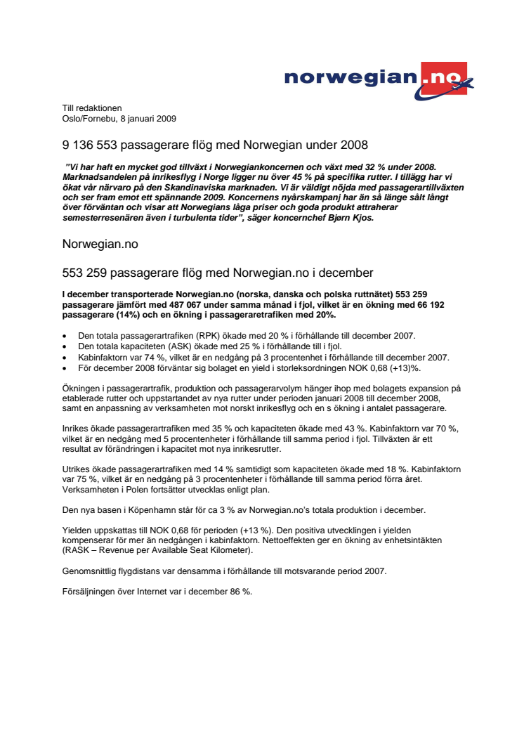 9 136 553 passagerare flög med Norwegian under 2008