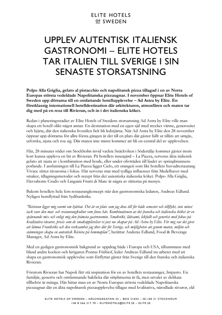 Upplev autentisk italiensk gastronomi - Elite Hotels tar Italien till Sverige i sin senaste storsatsning_Pressmeddelande.pdf