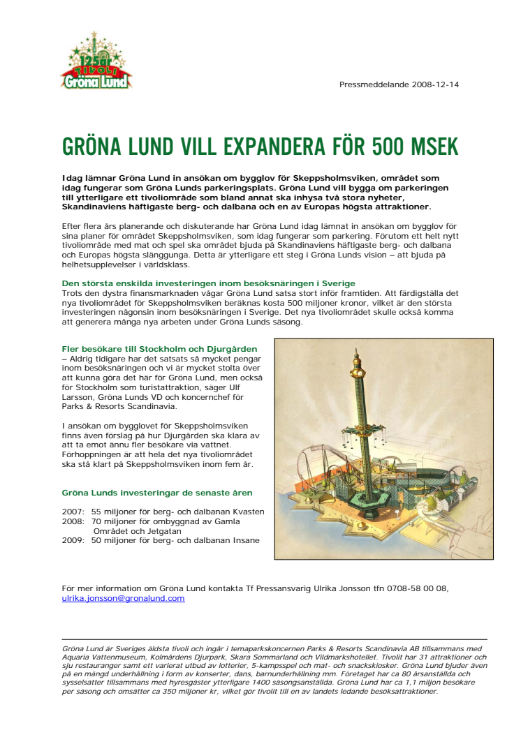 Gröna Lund vill expandera för 500 MSEK