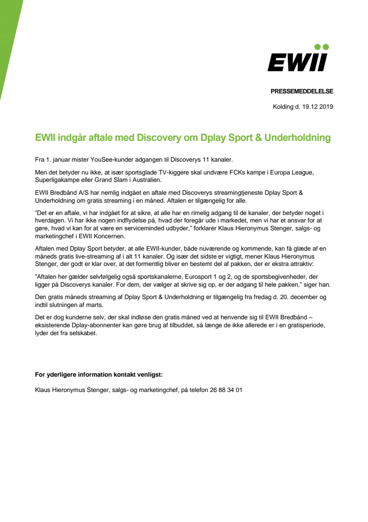 EWII indgår aftale med Discovery om Dplay Sport & Underholdning