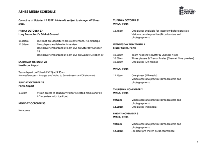 England's Ashes schedule in Australia 