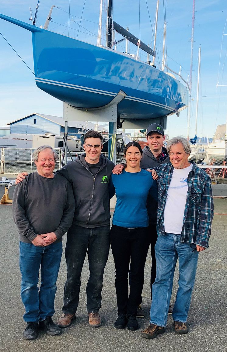 Hi-res image - Ocean Signal - James Betts Enterprises will build Lia Ditton's Antrim-designed ocean rowboat. From left: Jim Betts, Geoff Thilo, Lia Ditton, Will Porter and Jim Antrim