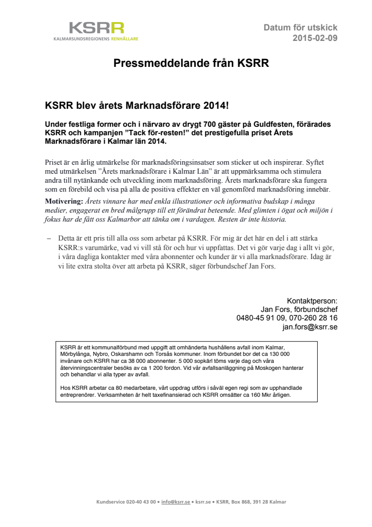 KSRR blev årets Marknadsförare 2014!