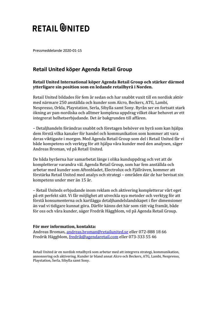 Retail United köper Agenda Retail Group