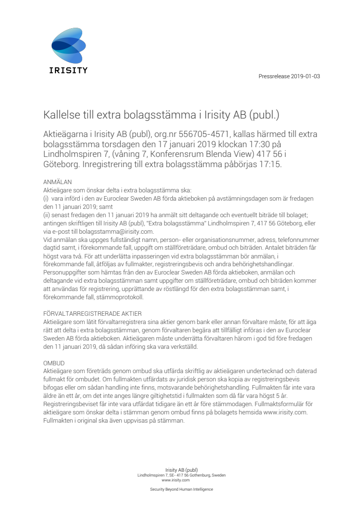 Kallelse till extra bolagsstämma i Irisity AB (publ.)