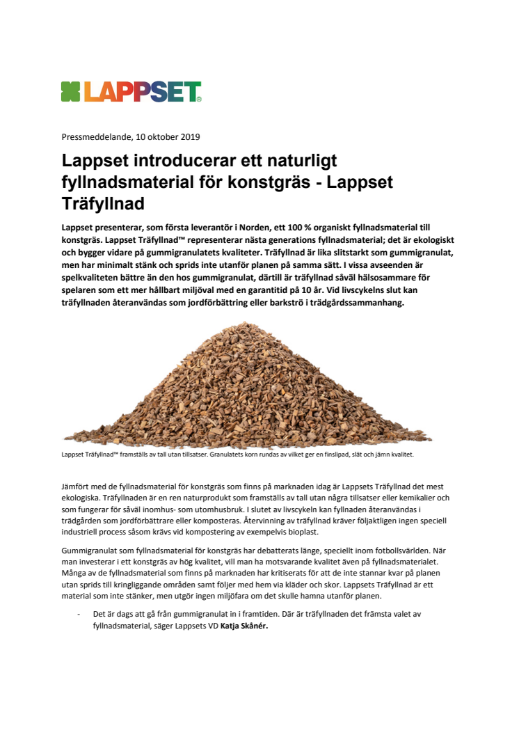 Lappset introducerar ett naturligt fyllnadsmaterial för konstgräs - Lappset Träfyllnad