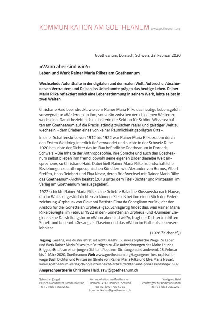 «Wann aber sind wir?». Leben und Werk Rainer Maria Rilkes am Goetheanum