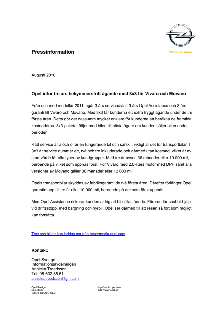 Opel inför tre års bekymmersfritt ägande med 3x3 för Vivaro och Movano